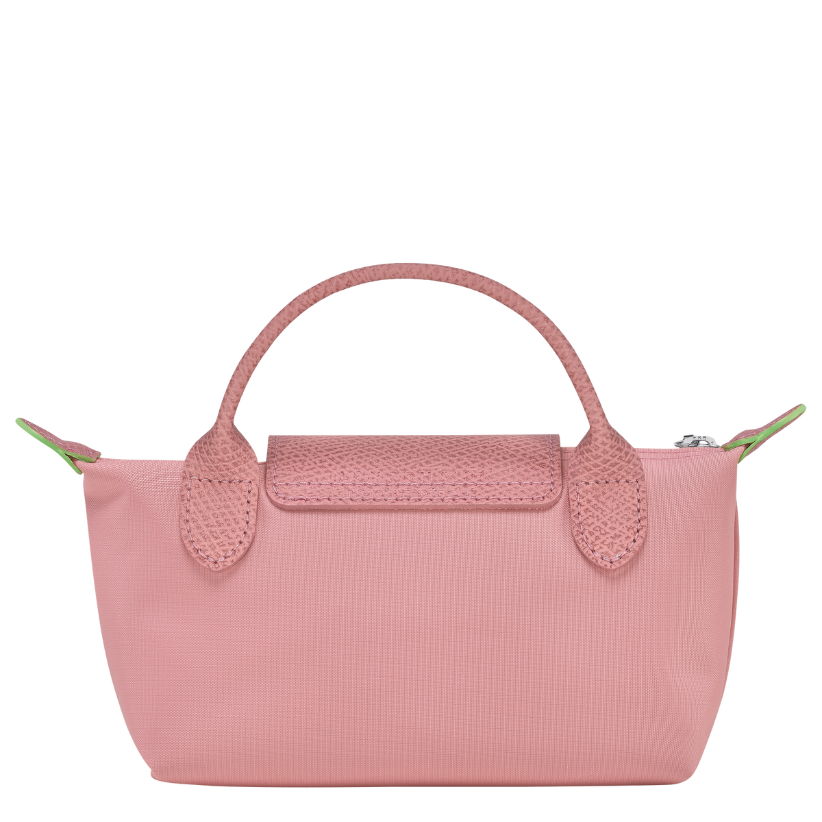 Longchamp Le Pliage green pouch bag with handle and petal pink accents, lightweight and stylish for everyday use.