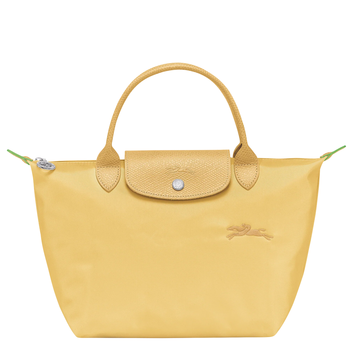 Longchamp Le Pliage Green S handbag in wheat color, compact and stylish with leather handles and a foldable design.