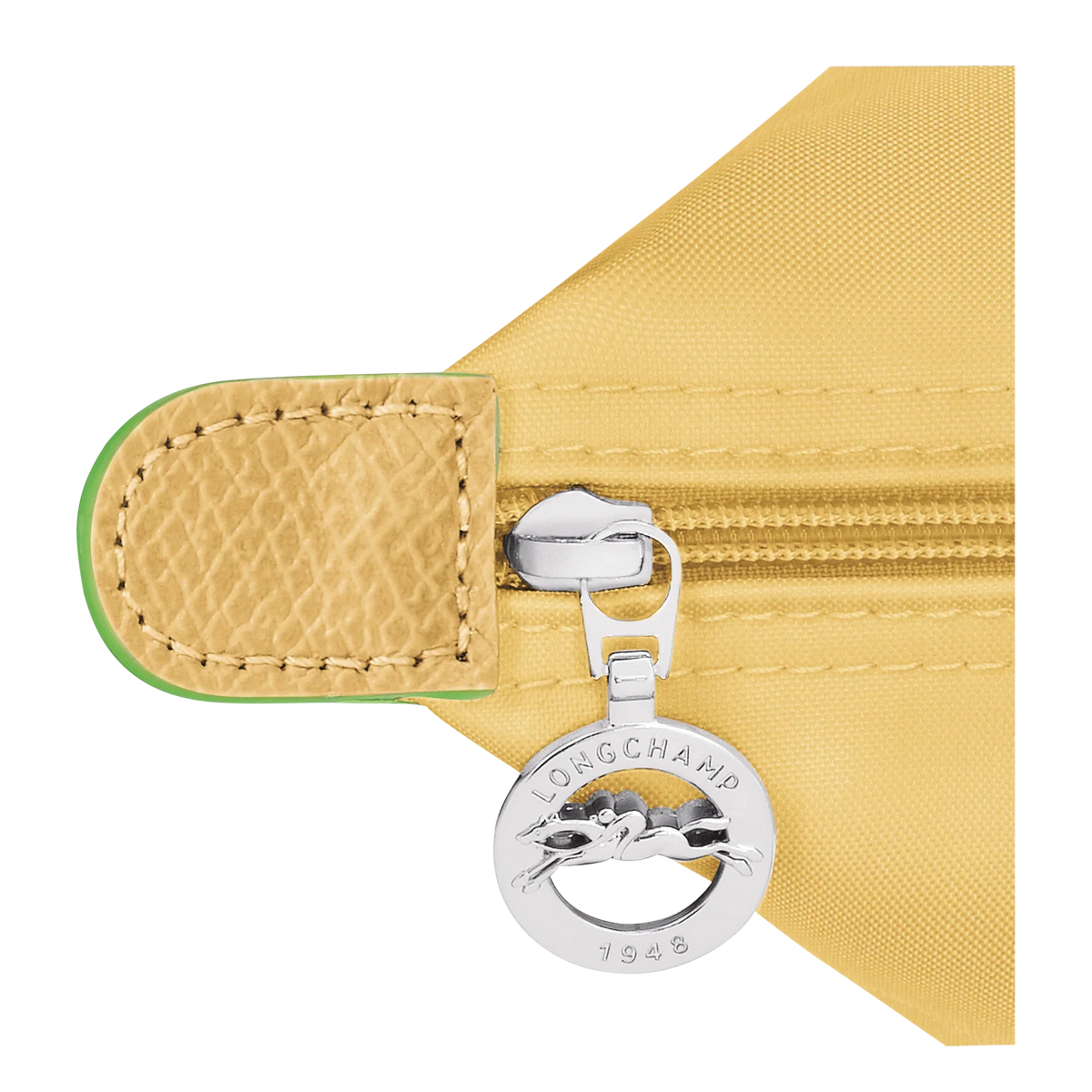 Longchamp Le Pliage Green S handbag in wheat color, featuring a compact tote design with leather handles and signature logo.