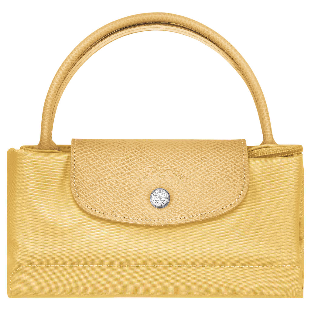 Longchamp Le Pliage Green S Handbag in wheat color, soft nylon bag with leather handles and foldable design.