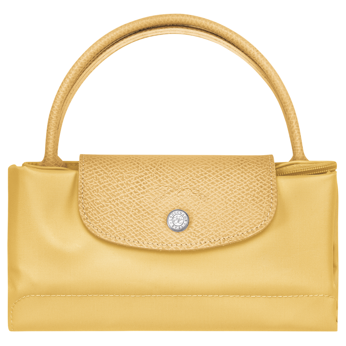 Longchamp Le Pliage Green S Handbag in wheat color, soft nylon bag with leather handles and foldable design.