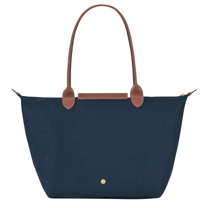 Longchamp Le Pliage Original L tote bag in navy fabric with leather handles, lightweight and foldable for versatile use.