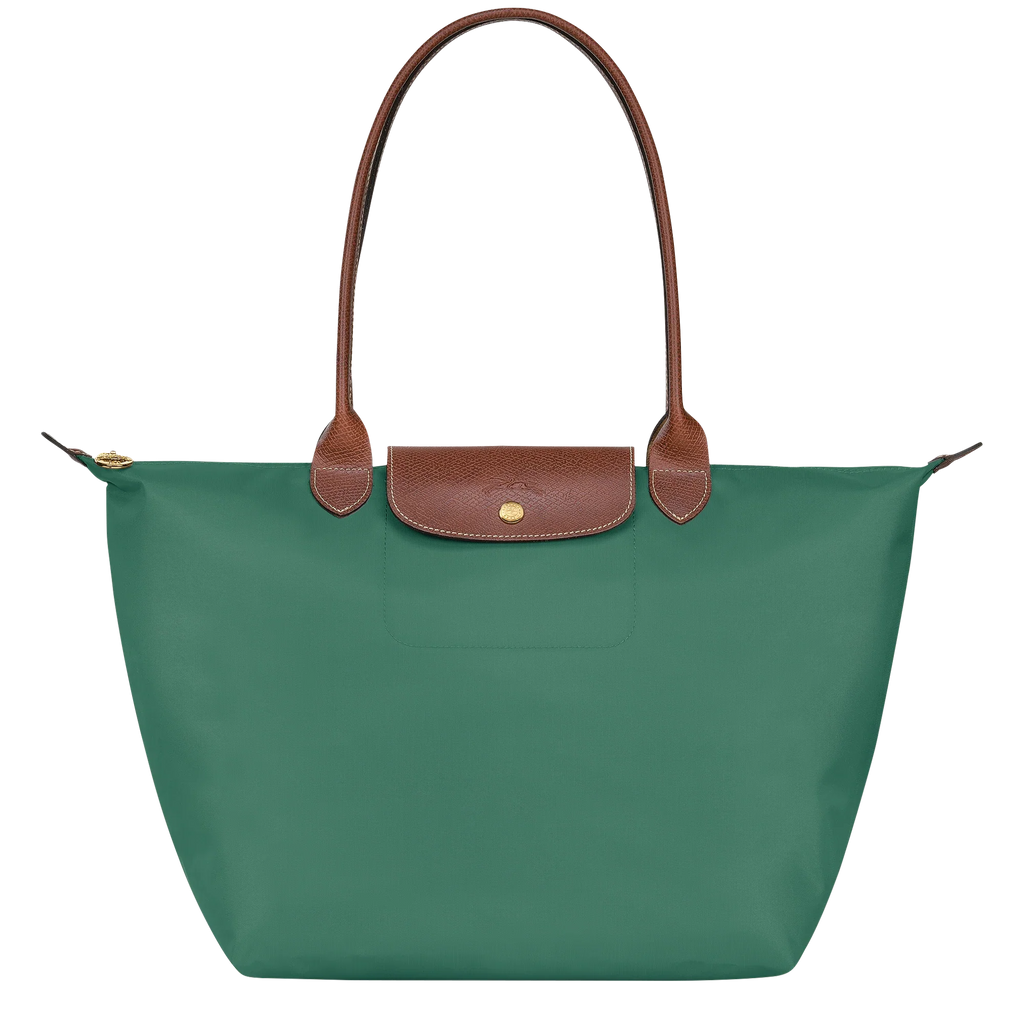 Longchamp Le Pliage Original L tote bag in sage green, lightweight nylon with leather handles, displayed on a plain background.