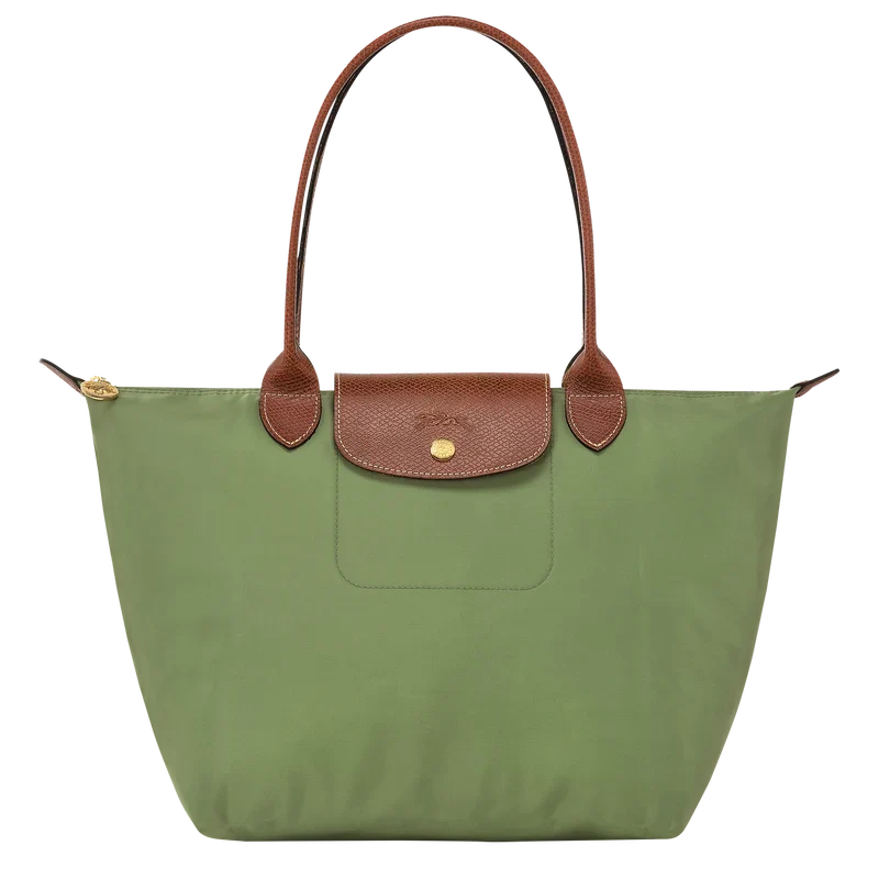 Longchamp Le Pliage Original M Tote bag in Lichen color, showing the lightweight nylon design with leather handles.