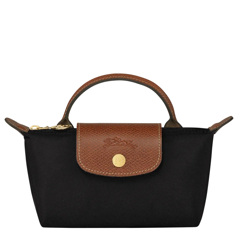 Longchamp Le Pliage Original pouch with handle in black, showcasing its compact design and durable fabric.