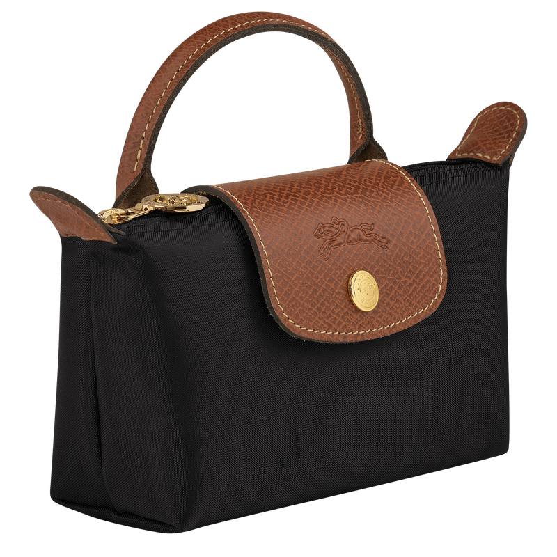 Longchamp Le Pliage Original Pouch with handle in black, soft fabric bag with zipper closure and top handle.