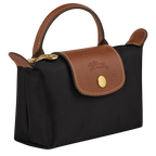 Longchamp Le Pliage Original Pouch with handle in black, soft fabric bag with zipper closure and top handle.