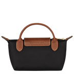 Black Longchamp Le Pliage Original pouch bag with handle, showcasing its compact, foldable design and sleek exterior.