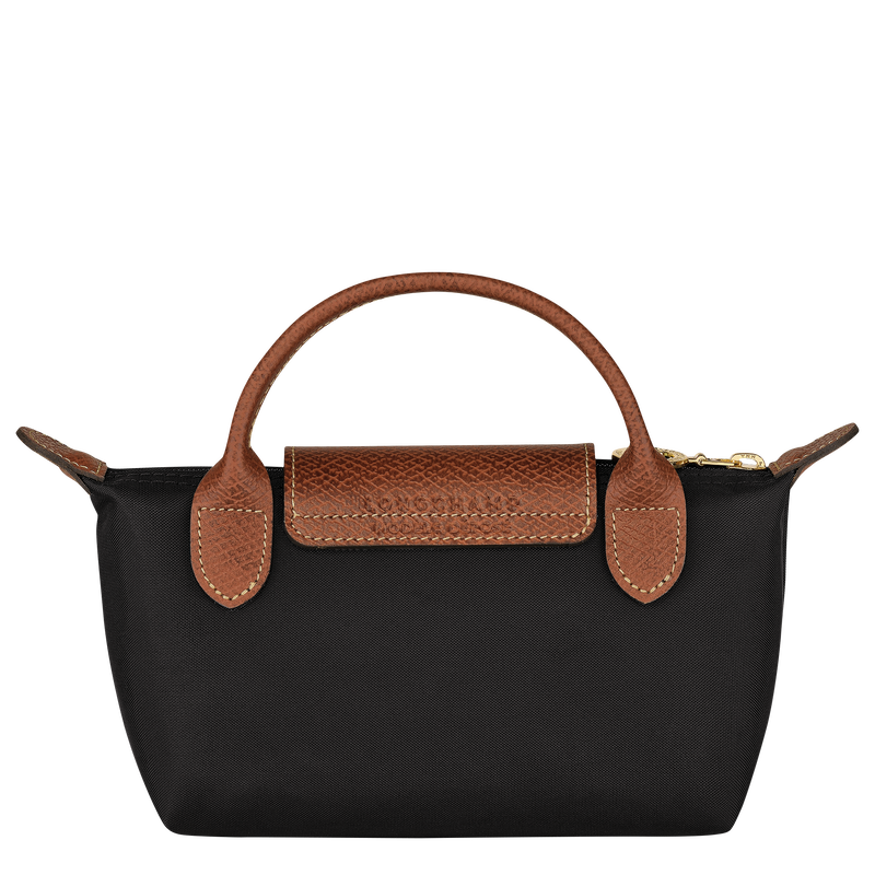 Black Longchamp Le Pliage Original pouch bag with handle, showcasing its compact, foldable design and sleek exterior.
