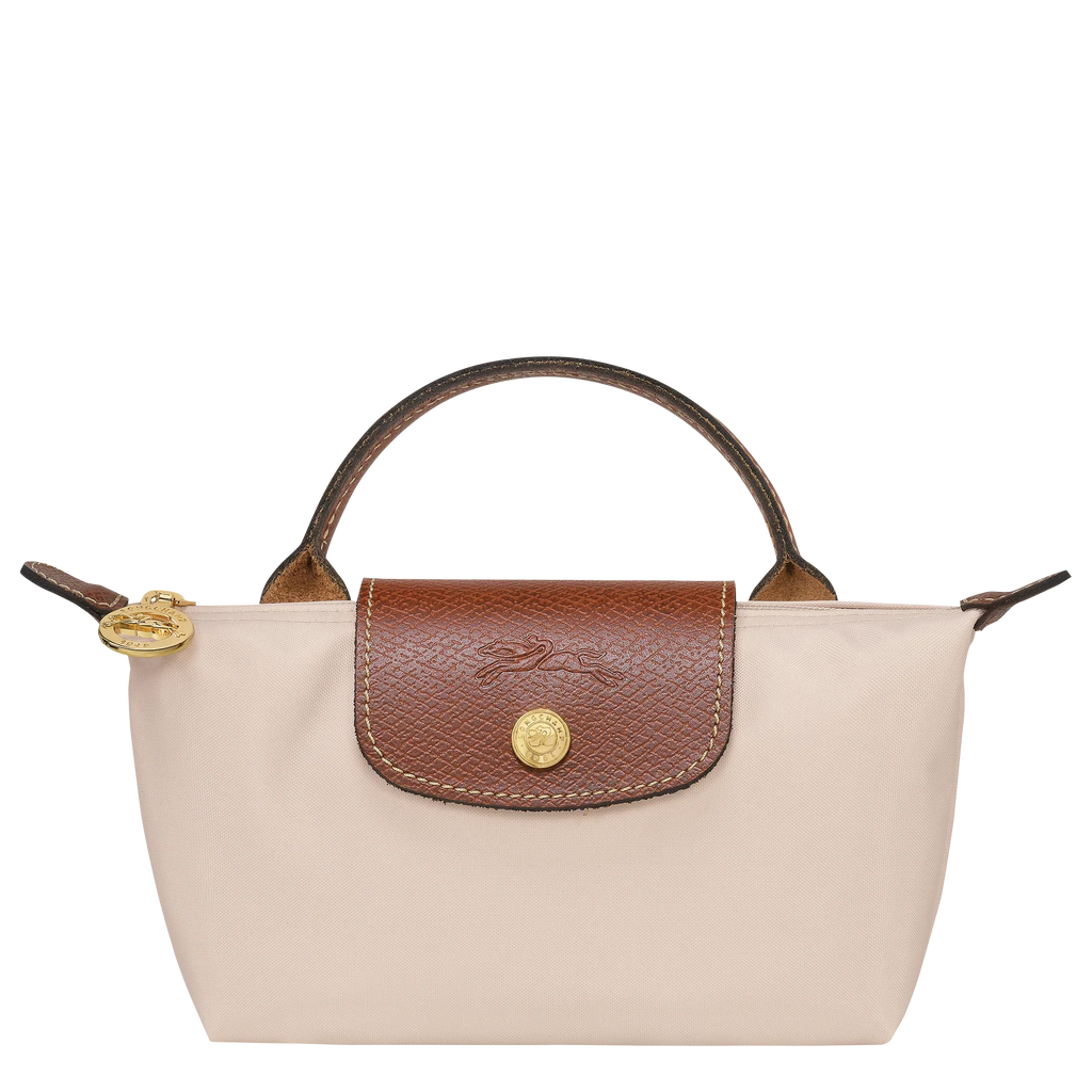 Longchamp Le Pliage Original Pouch with handle, wine-colored paper bag featuring a sleek design and durable handle.