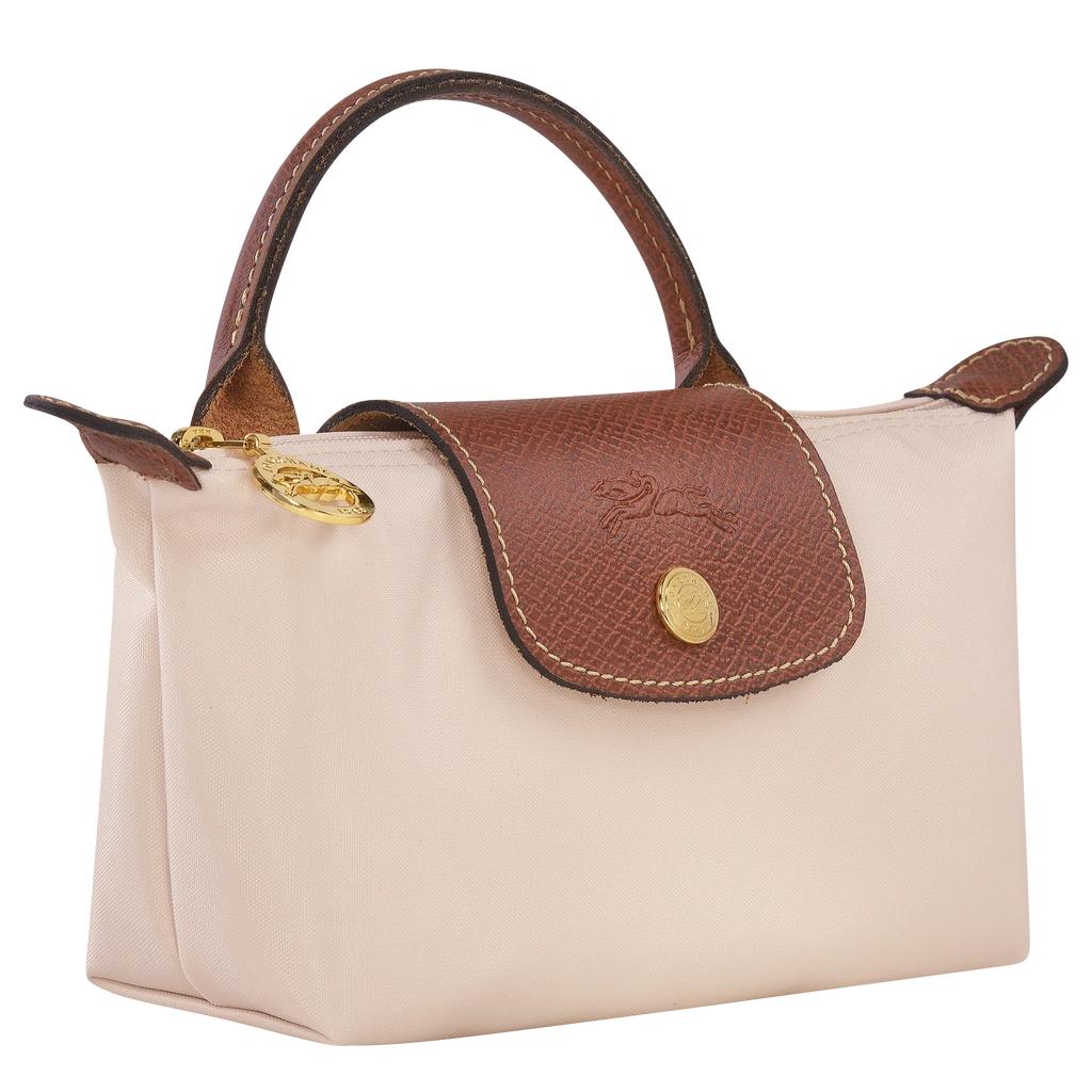 Longchamp Le Pliage Original pouch bag with paper handle in wine color, featuring a compact, foldable design and sturdy handle.