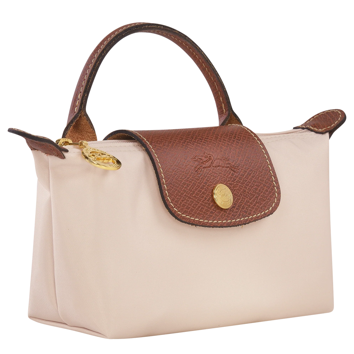 Longchamp Le Pliage Original pouch bag with paper handle in wine color, featuring a compact, foldable design and sturdy handle.