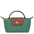 Longchamp Le Pliage Original Pouch with handle in sage, showcasing lightweight, foldable bag design in durable fabric.