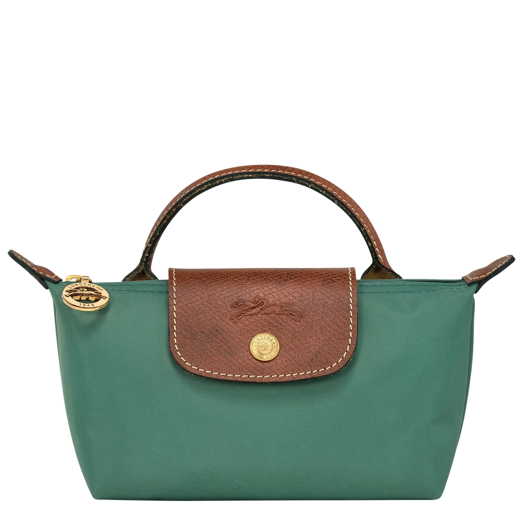 Longchamp Le Pliage Original Pouch with handle in Sage, compact bag featuring a sleek design and durable material.