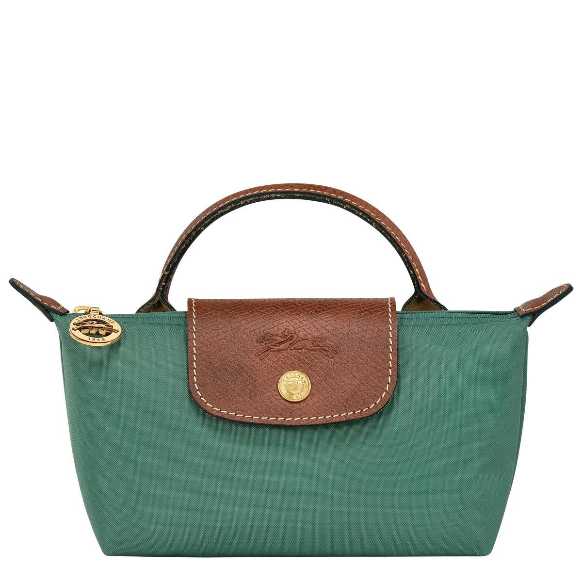 Longchamp Le Pliage Original Pouch with handle in Sage, compact bag featuring a sleek design and durable material.
