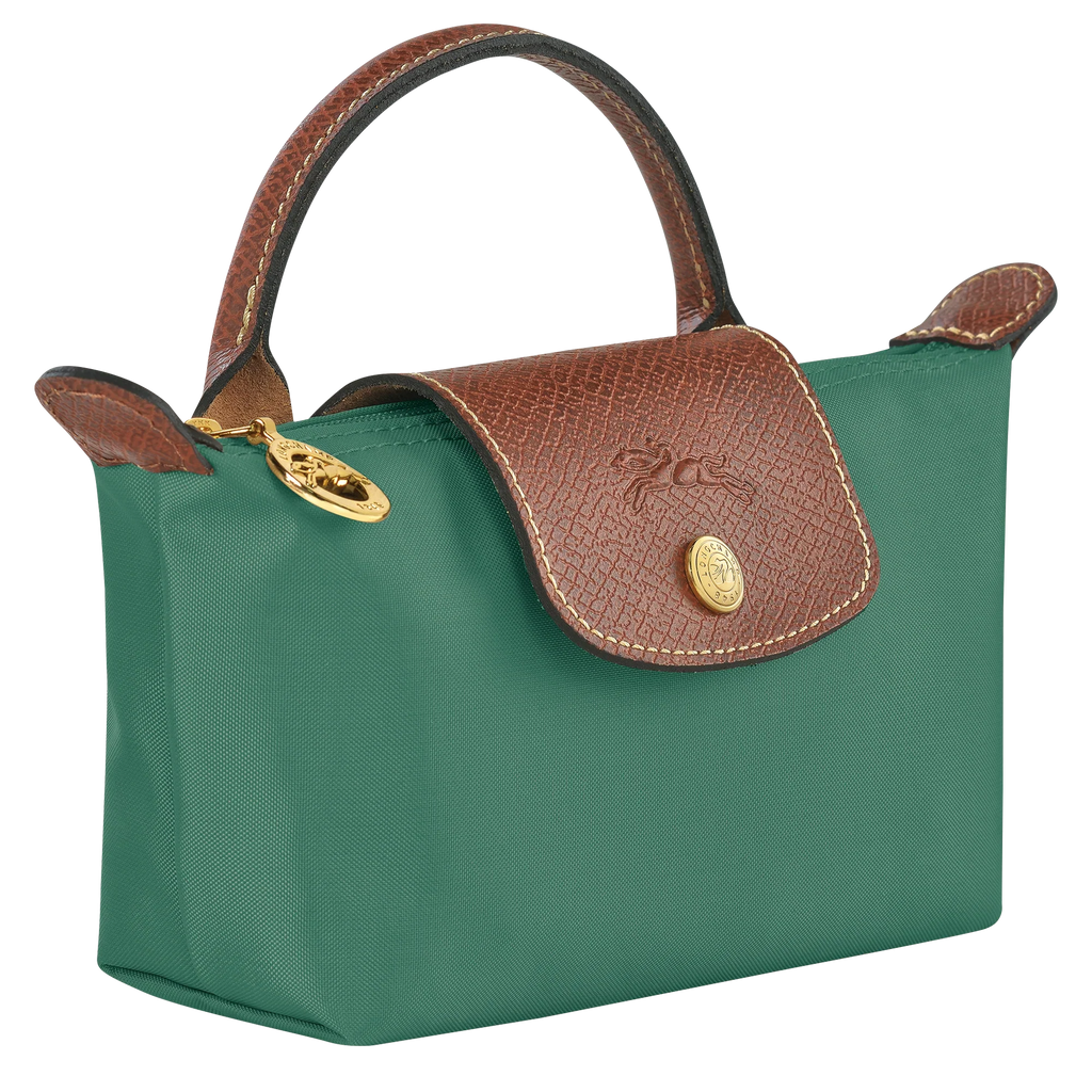 Longchamp Le Pliage Original Pouch with handle in sage green, showcasing its compact bag design and durable material.