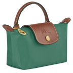 Longchamp Le Pliage Original Pouch with handle in sage green, showcasing its compact bag design and durable material.