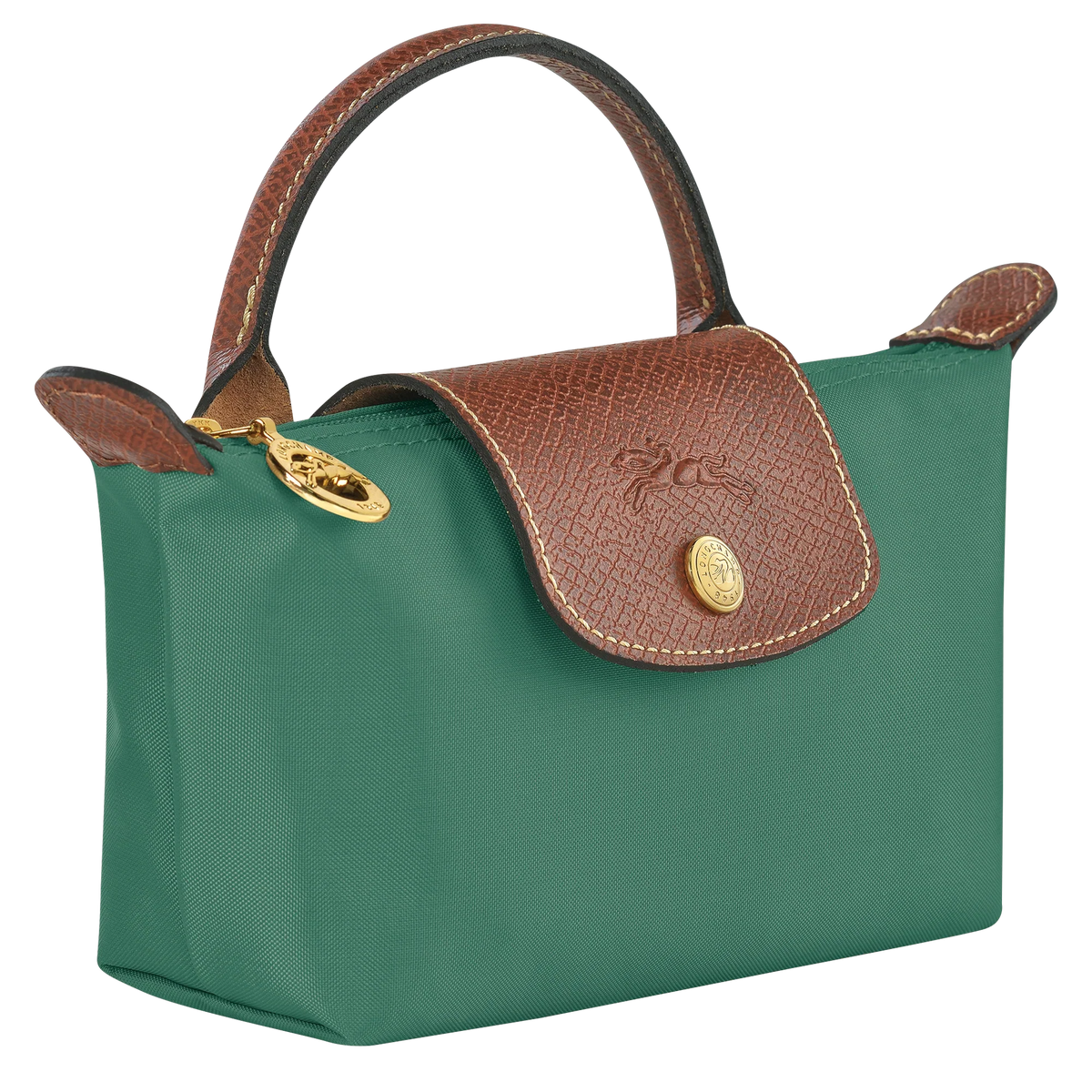 Longchamp Le Pliage Original Pouch with handle in sage green, showcasing its compact bag design and durable material.