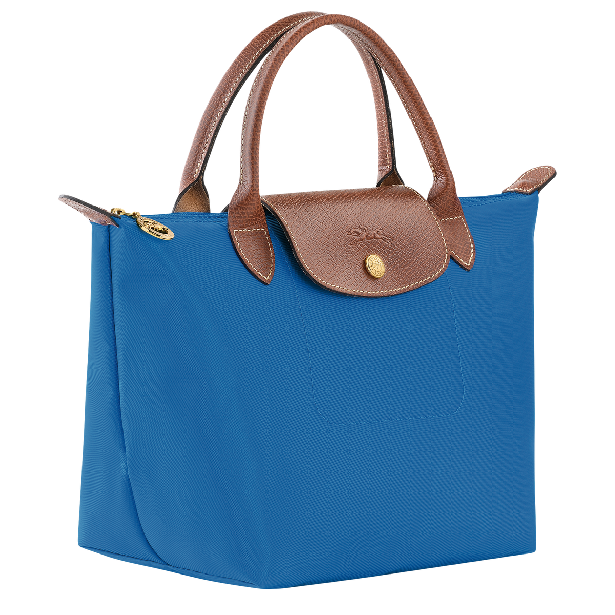 Longchamp Le Pliage Original S handbag in cobalt blue, made of lightweight nylon with leather handles and foldable design.