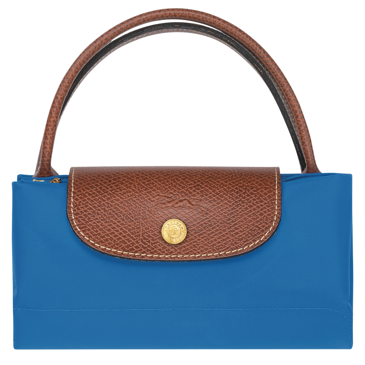 Longchamp Le Pliage Original S handbag in cobalt blue, lightweight nylon bag with leather handles and foldable design.