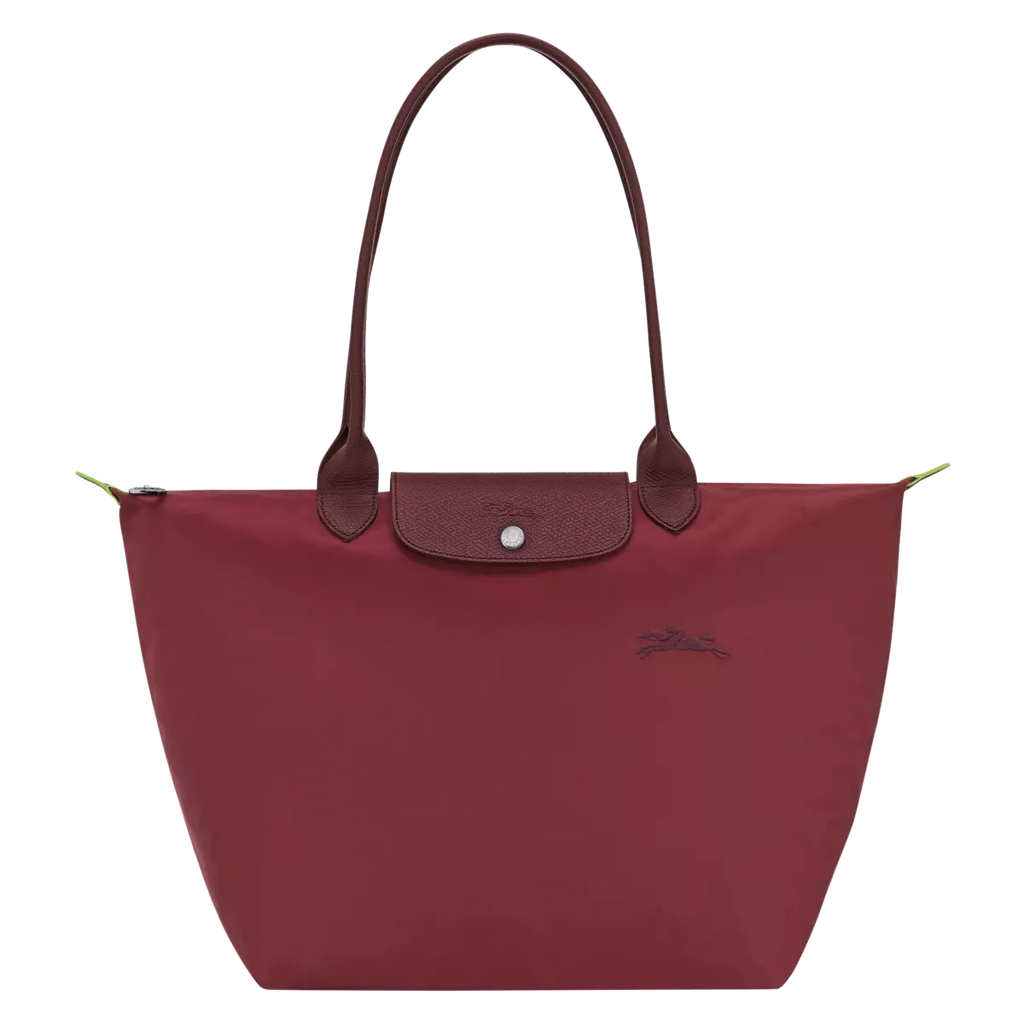 Longchamp Le Pliage Green L Tote Bag with Pomegranate accents, showcasing durable fabric and spacious design.