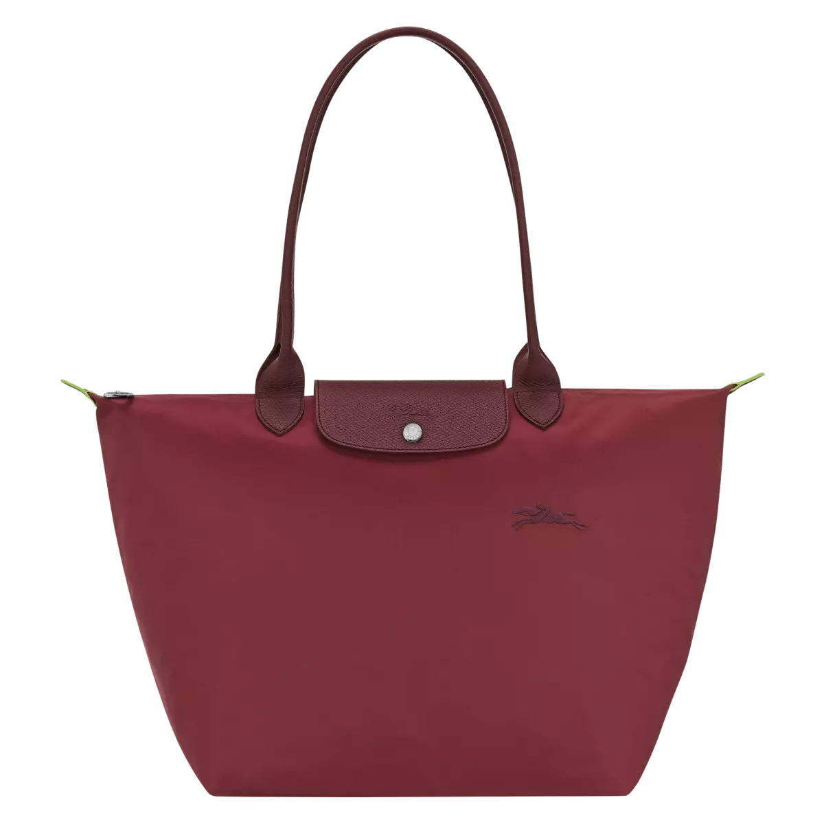 Longchamp Le Pliage Green L Tote Bag with Pomegranate accents, showcasing durable fabric and spacious design.