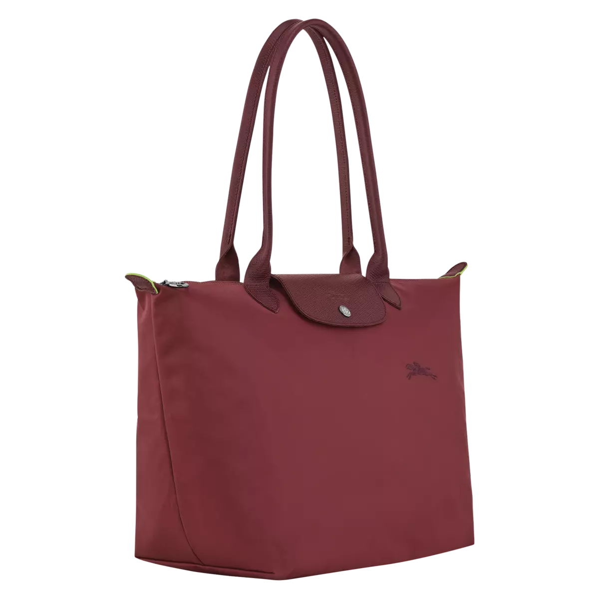 Longchamp Le Pliage Green L Tote Bag featuring a pomegranate design, showcasing its spacious fabric and sturdy handles.