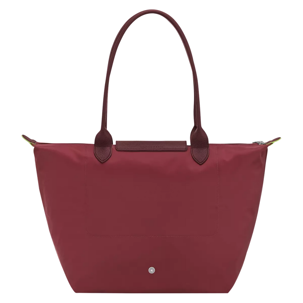 Longchamp Le Pliage Green L Tote bag with pomegranate-colored accents, casual design, and durable fabric.