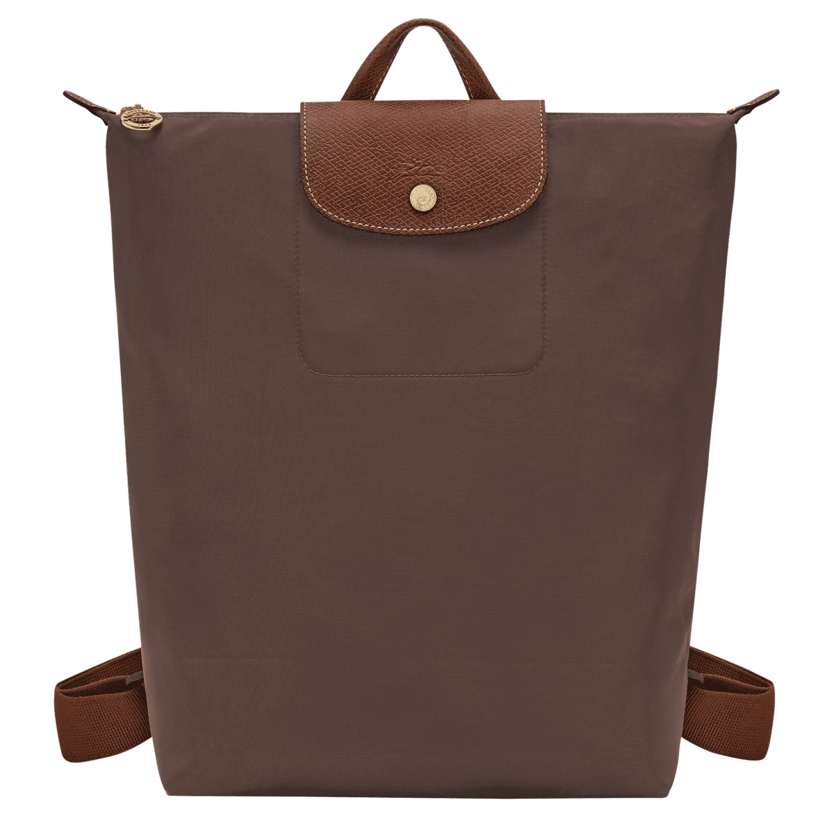 Longchamp Le Pliage Original M backpack in beige fabric with leather handles and logo detail, showing front view.