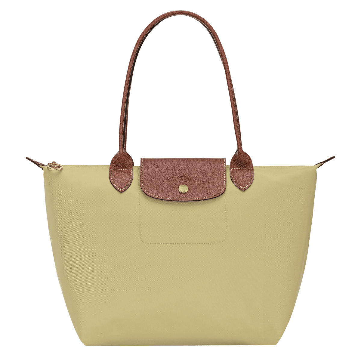 Longchamp Le Pliage Original M tote bag with beige nylon body and brown leather handles, showcasing its classic design.
