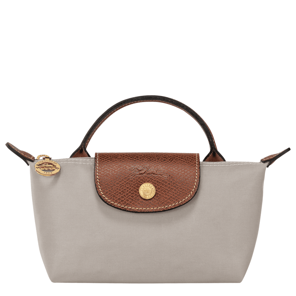Longchamp Le Pliage Original Pouch with handle, stylish nylon bag with leather accents and a top zipper closure.
