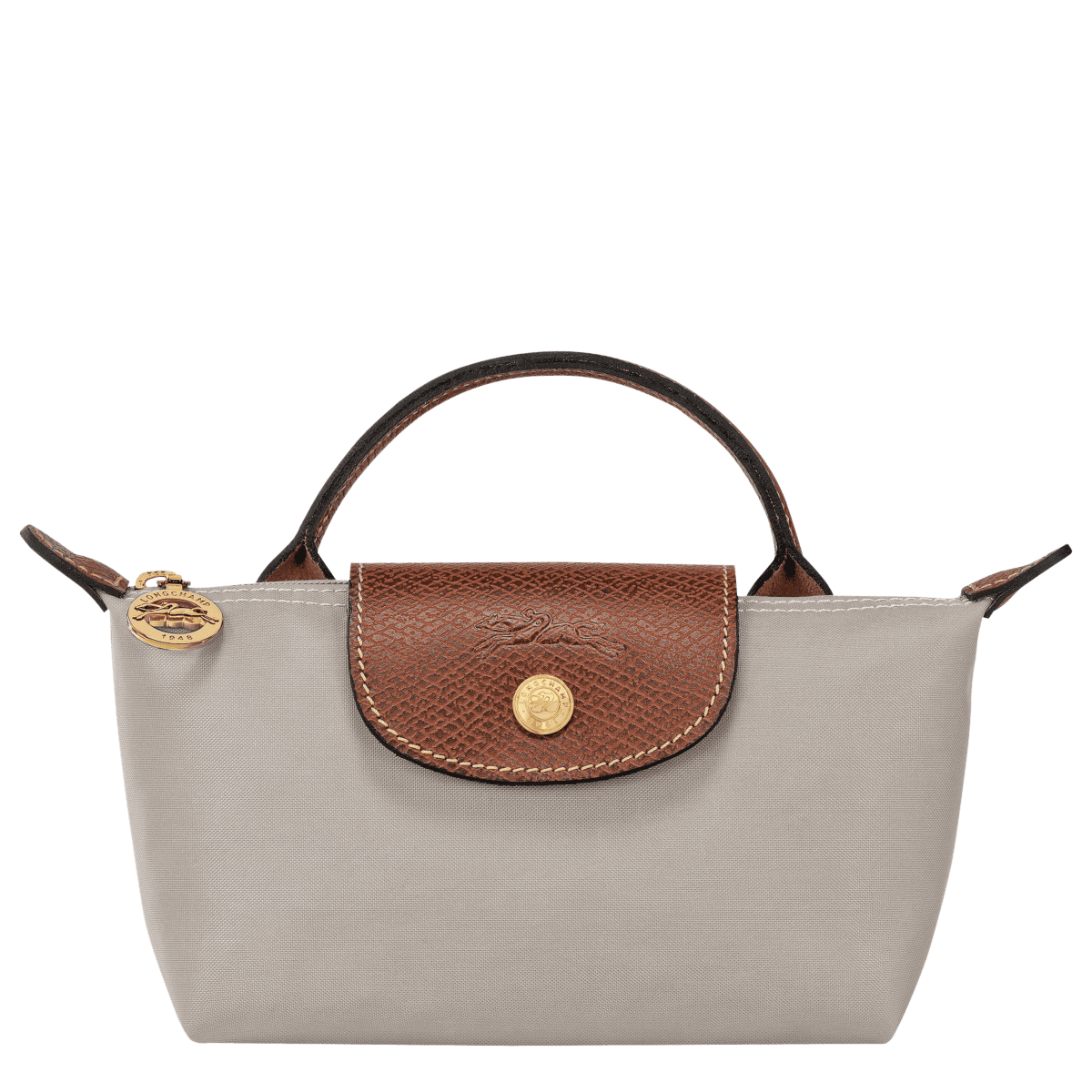 Longchamp Le Pliage Original Pouch with handle, stylish nylon bag with leather accents and a top zipper closure.