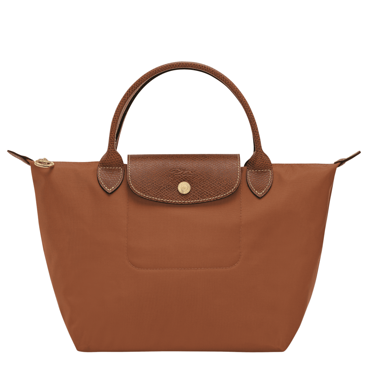 Longchamp Le Pliage Original S handbag in beige nylon with leather handles, folded open showing spacious interior and classic design.