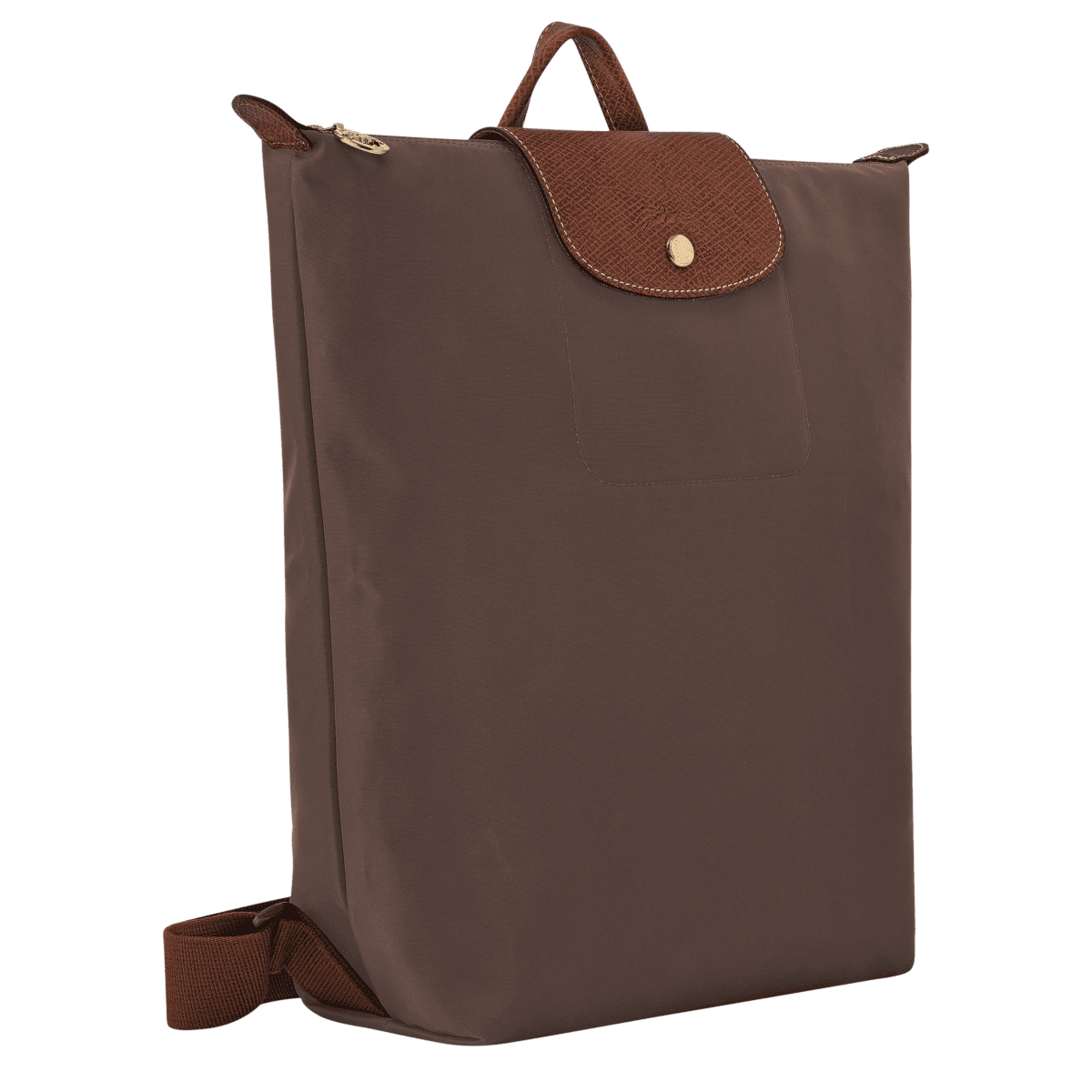 Longchamp Le Pliage Original M backpack in beige fabric with leather straps and handle, showing front view and foldable design.