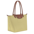 Longchamp Le Pliage Original M tote bag in beige fabric with leather handles, displayed flat on a white background.