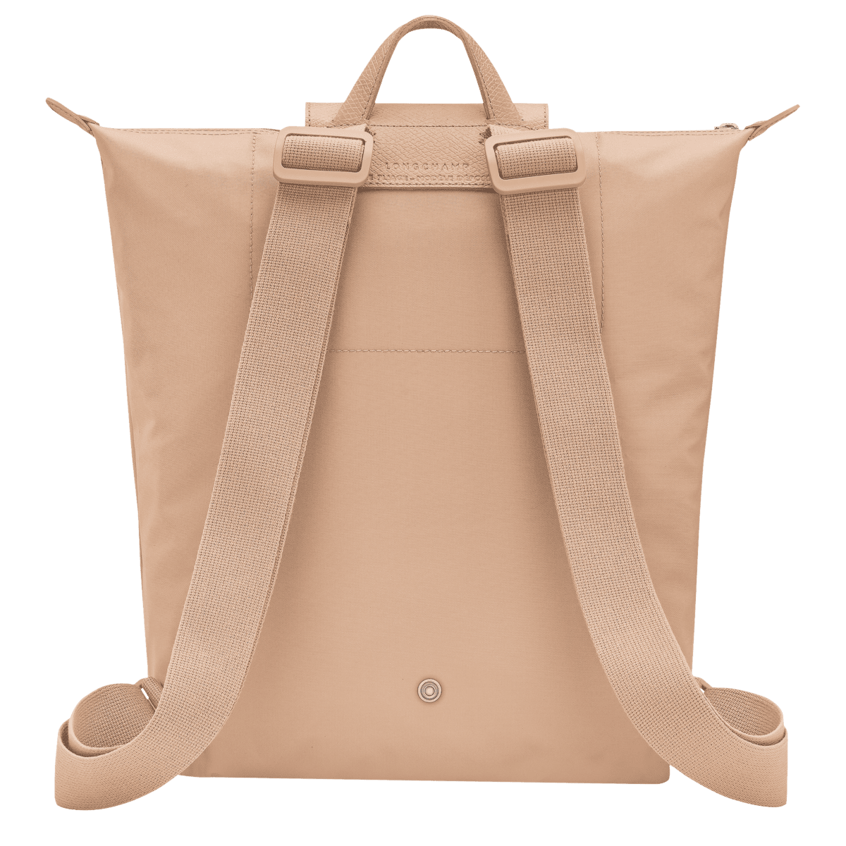 Longchamp Le Pliage One M backpack in beige, showcasing its compact, foldable design and durable nylon material.