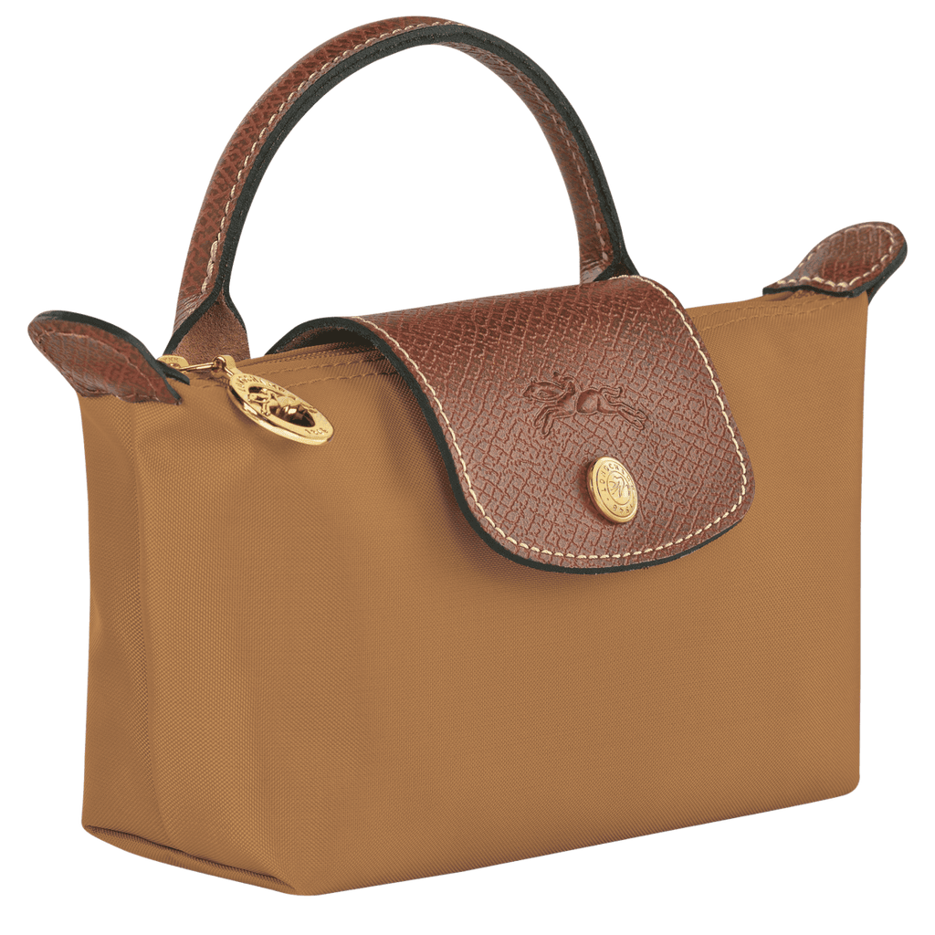 Longchamp Le Pliage Original pouch with handle, beige nylon bag featuring a zip closure and leather accents.