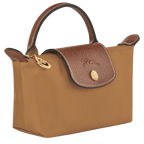 Longchamp Le Pliage Original pouch with handle, beige nylon bag featuring a zip closure and leather accents.