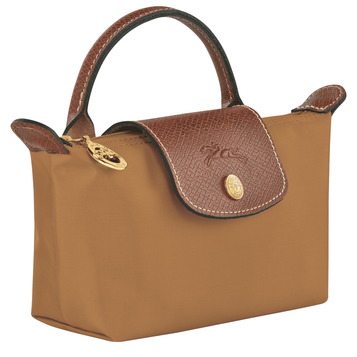 Longchamp Le Pliage Original pouch with handle, beige nylon bag featuring a zip closure and leather accents.