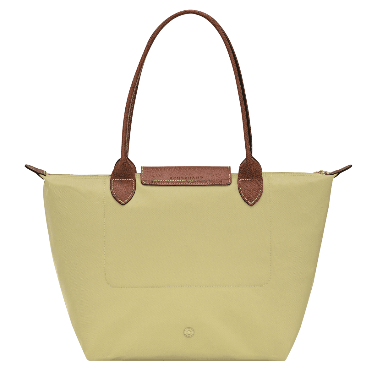 Longchamp Le Pliage Original M tote bag in beige nylon with leather handles, shown open with interior details visible.