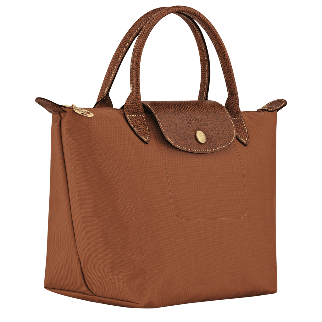 Longchamp Le Pliage Original S handbag in beige with rolled leather handles and foldable nylon body.