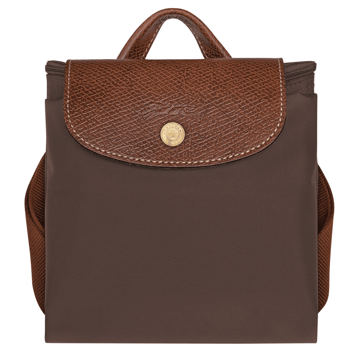 Longchamp Le Pliage Original M backpack in nylon with leather handles, shown in a side view with open top and strap details.