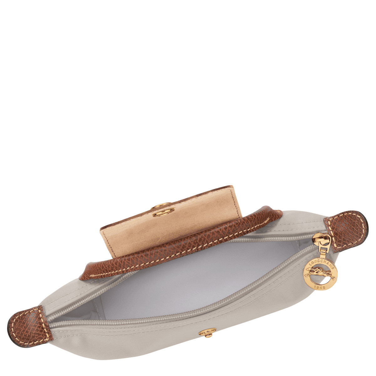 Longchamp Le Pliage Original pouch with handle, beige nylon bag featuring a leather strap and zip closure.